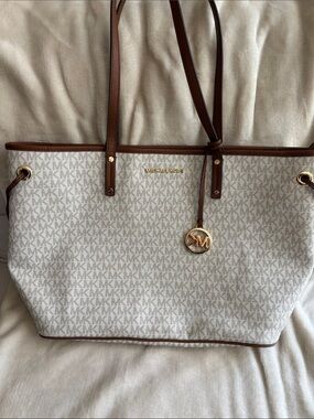 Michael Kors Cream Signature Tote with Brown Trim and Gold Hardware